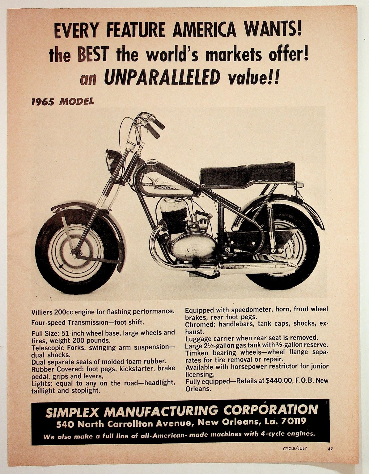 1965 Simplex Sportsman Motorcycle Ad New Orleans Ephemera Magazine Print