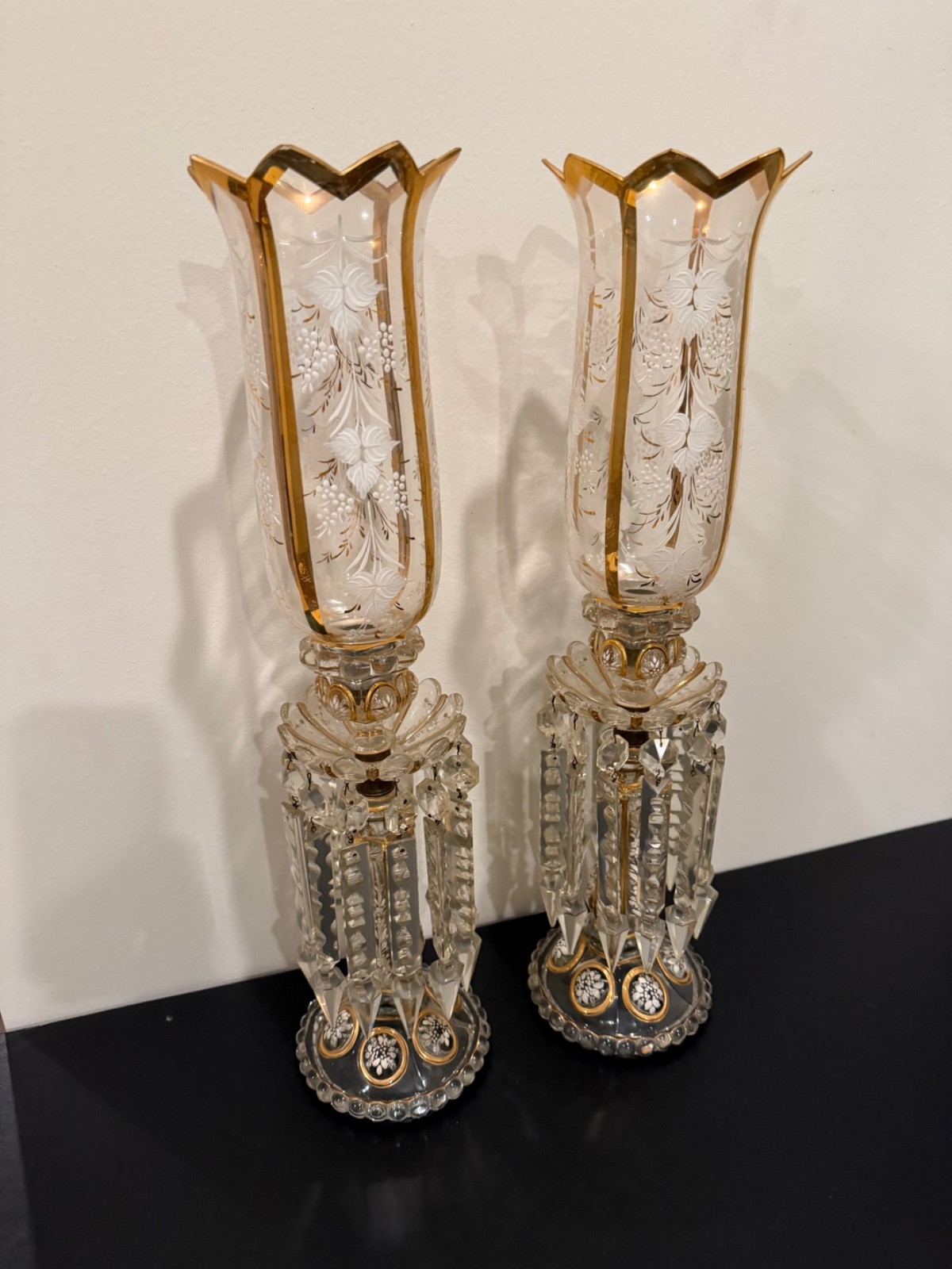 Antique Baccarat Style Medallion Crystal Hurricane Luster Candlesticks Pair 23.5