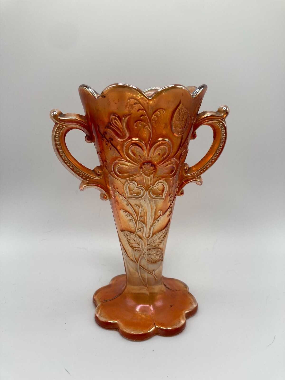 Antique Dugan-Diamond “Mary Ann” pattern iridescent marigold carnival glass vase