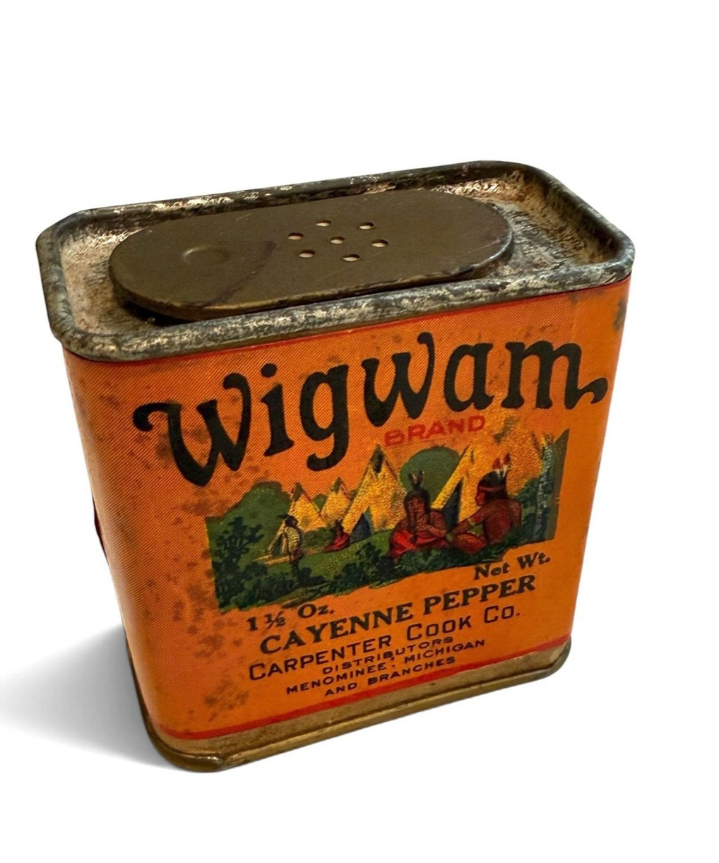 Vintage Wigwam Brand Cayenne Pepper 1.5 Oz Tin By Carpenter Cook Menominee MI