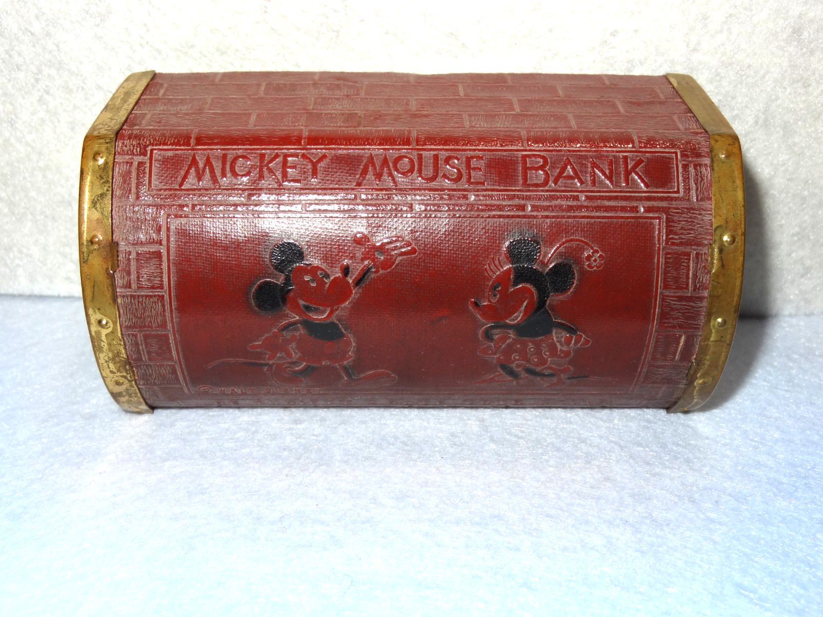 Vintage Disney 1930's Mickey & Minnie Red Leather Chest Bank by Zell No Key Vintage Disney 1930's Mickey & Minnie Red Leather Chest Bank by Zell No Key