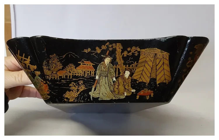 Antique 19th Victorian Chinoiserie Paper Mache Tote Box Antique 19th Victorian Chinoiserie Paper Mache Tote Box