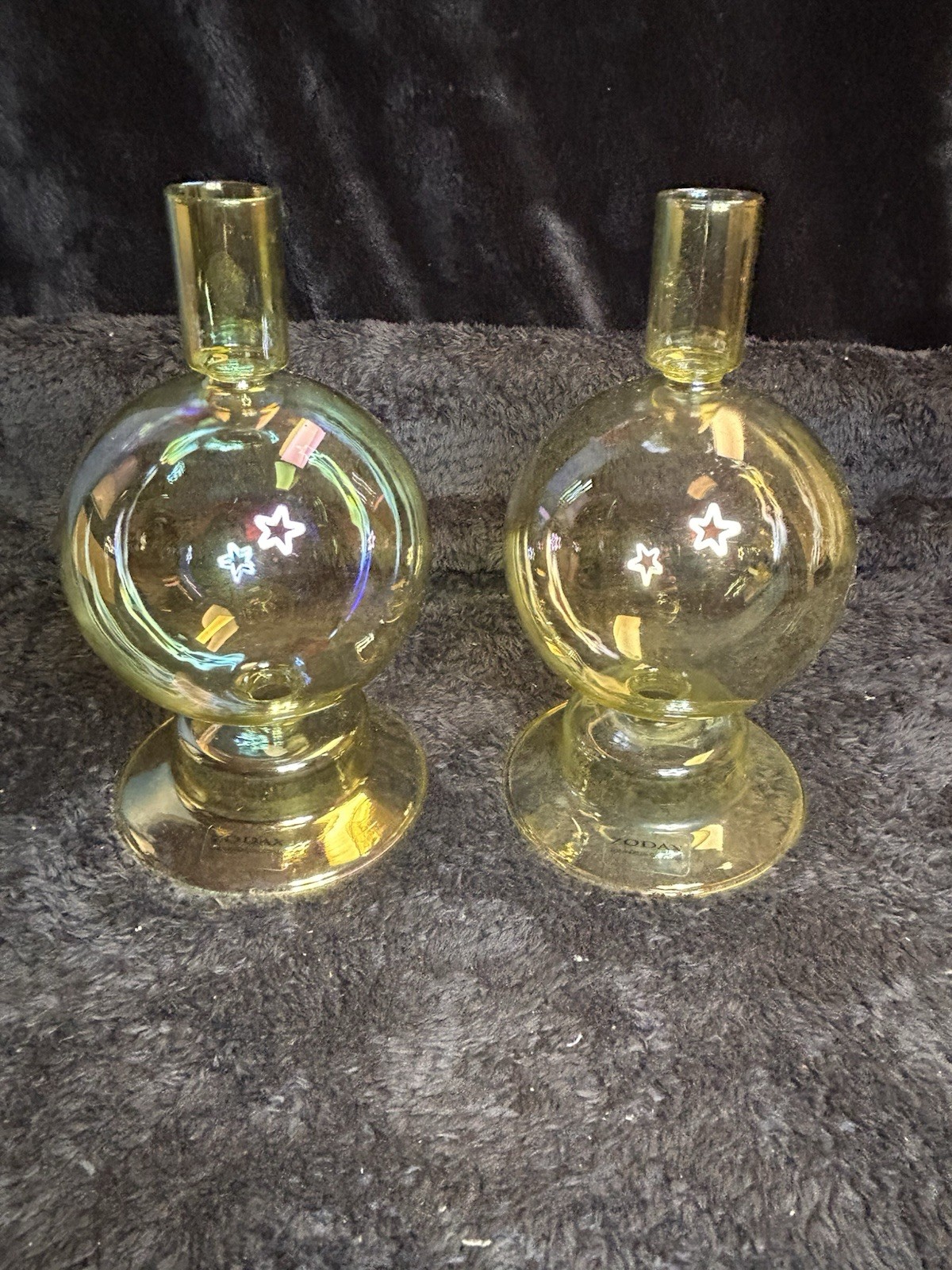 Pair Of Zodax Yellow Iridescent Glass Bubble Taper Candle Holders “Gold Luster” Pair Of Zodax Yellow Iridescent Glass Bubble Taper Candle Holders “Gold Luster”