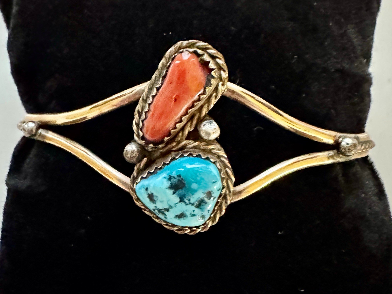 Vintage 1/20 12K Gold Native American Cuff Bracelet w/ Turquoise & Coral
