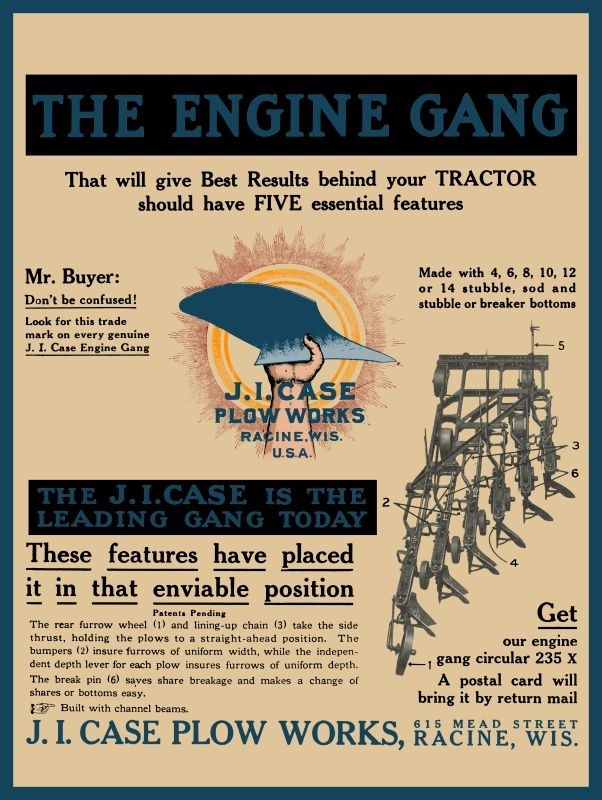 1912 J.I. Case Plow Works Engine Gang NEW Metal Sign: 12x16