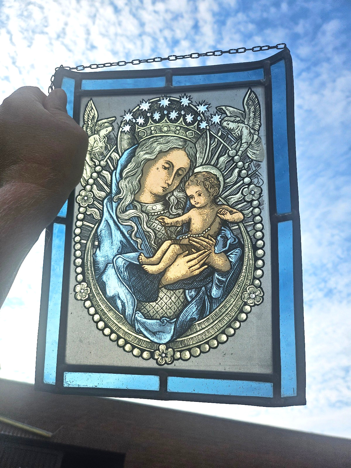 Vintage 1960s Stained glass window panel madonna child religion