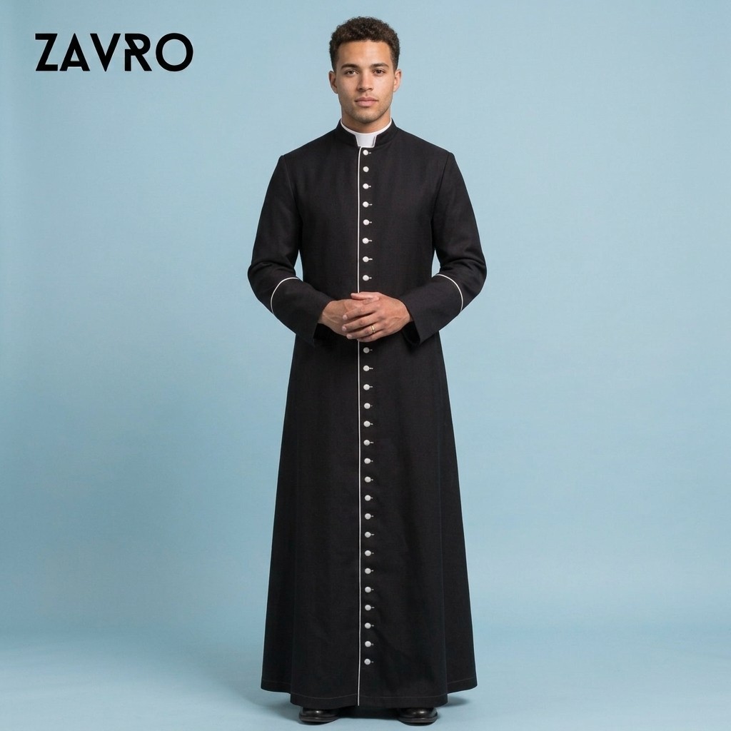 Black Wool Clergy Cassock White Piping Long Button Front Priest Robe