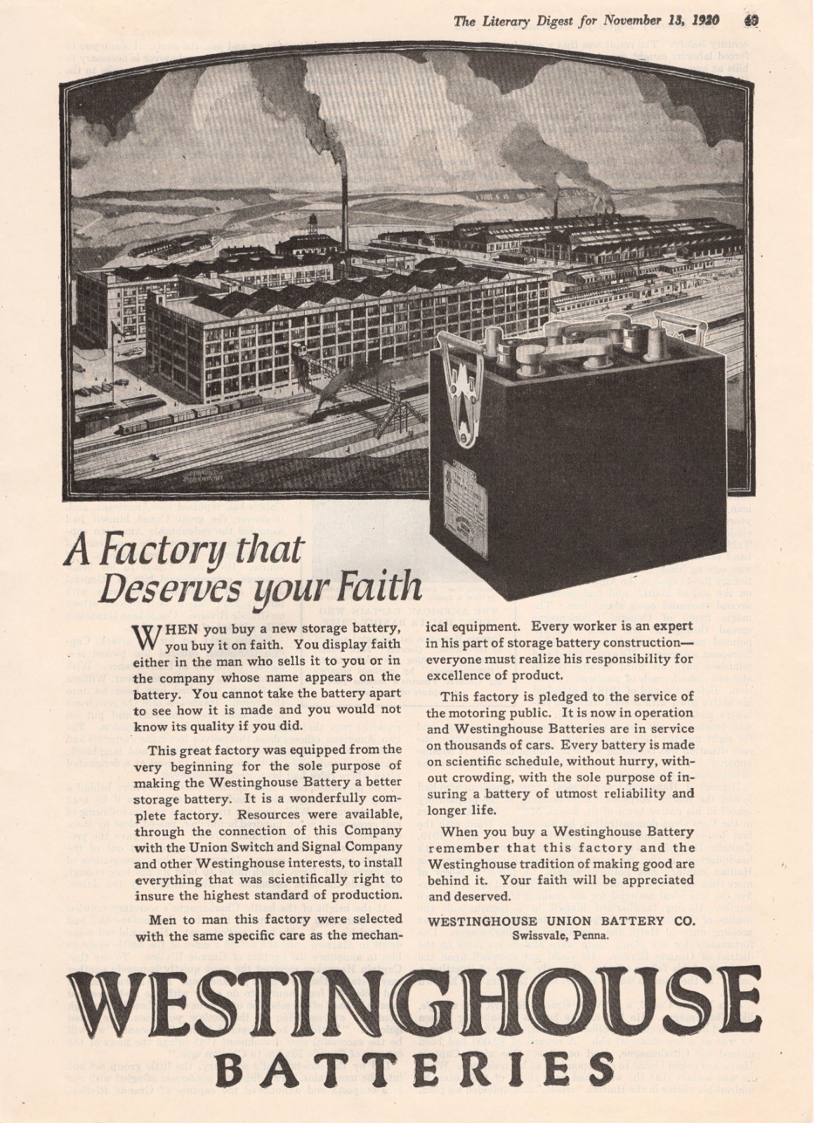1920 Westinghouse Union Battery Factory Swissvale PA Edmund Davenport Art Vtg Ad 1920 Westinghouse Union Battery Factory Swissvale PA Edmund Davenport Art Vtg Ad