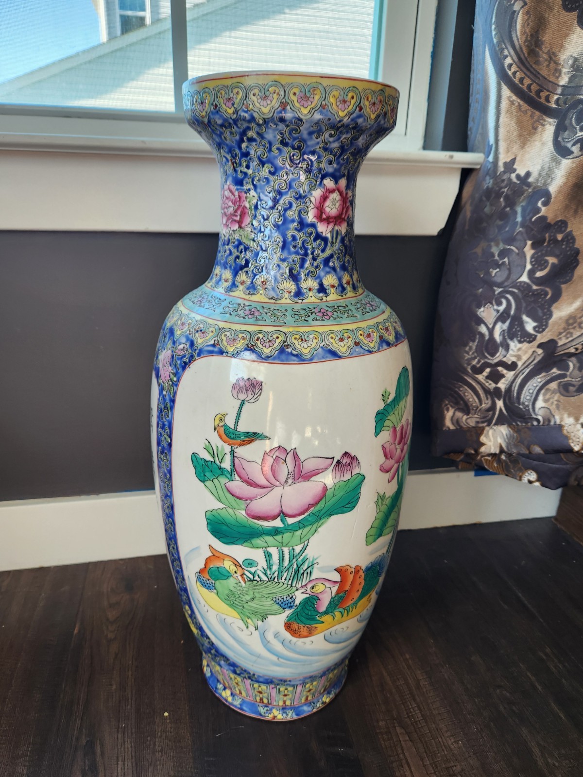 Vintage Chinese Porcelain Floor Vase Mandarin Ducks Lotus Birds Blue Floral 24 Vintage Chinese Porcelain Floor Vase Mandarin Ducks Lotus Birds Blue Floral 24