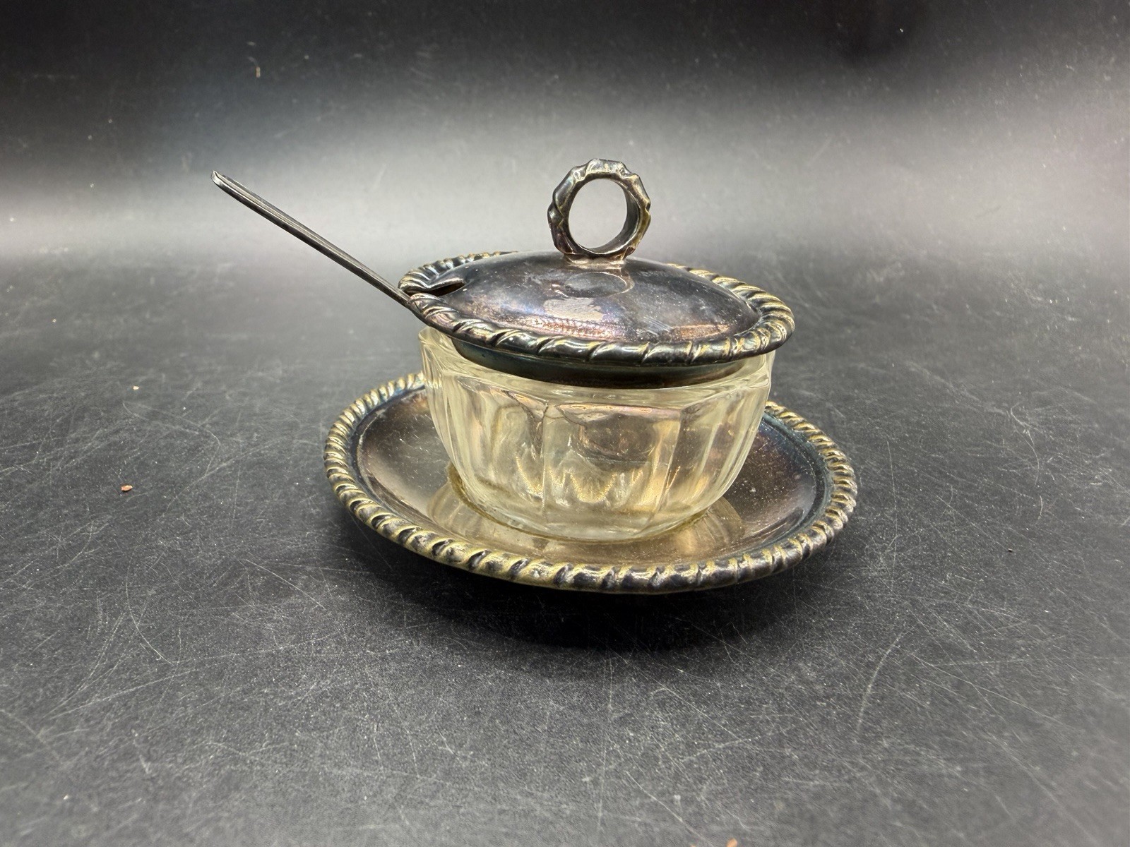 Vintage Italian Silver Plate Cut Glass Condiment Jam Pot Dish Lid Spoon Set