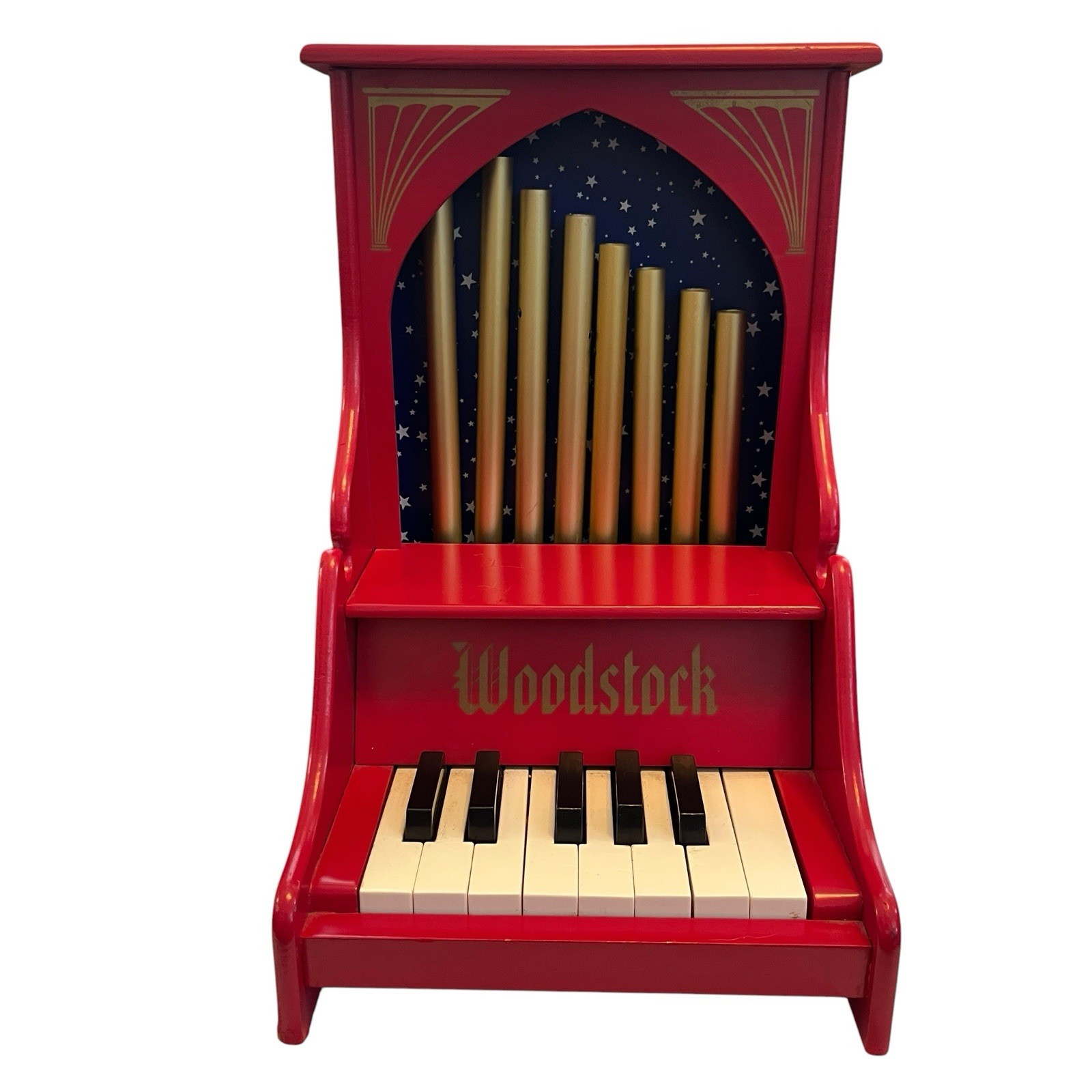 Vintage Woodstock Cathedral Organ Chimes Childs Piano Red Wood Musical Toy Works Vintage Woodstock Cathedral Organ Chimes Childs Piano Red Wood Musical Toy Works