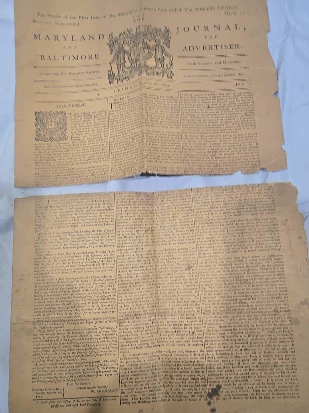 Facsimile 1773 Maryland Journal Baltimore Advertiser Colonial Newspaper
