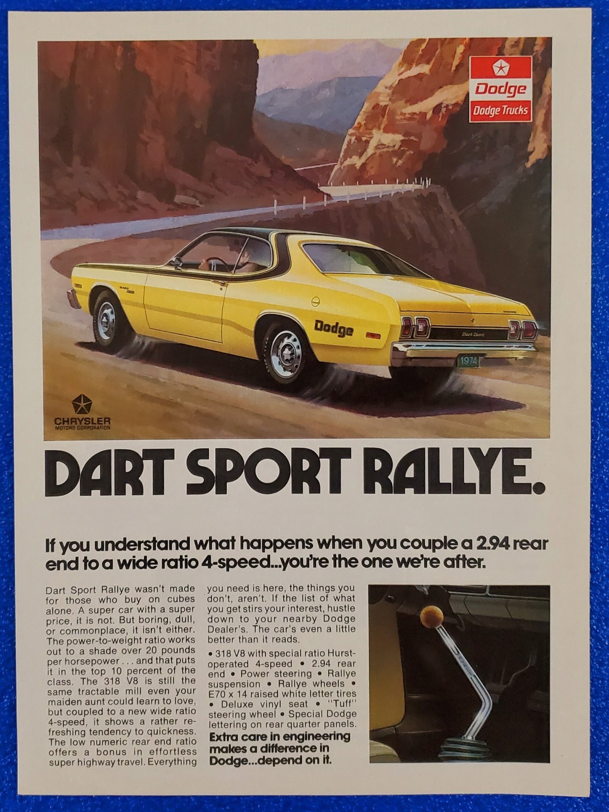 1974 DODGE DART SPORT RALLYE ORIGINAL CLASSIC PRINT AD VINTAGE CHRYSLER MOTORS