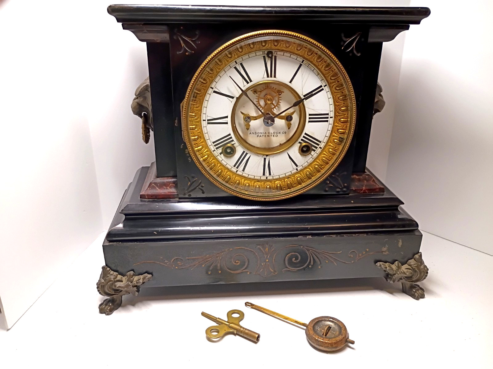 Antique Ansonia Black Iron Open Escapement Mantle Clock Lions Head Runs Strikes Antique Ansonia Black Iron Open Escapement Mantle Clock Lions Head Runs Strikes