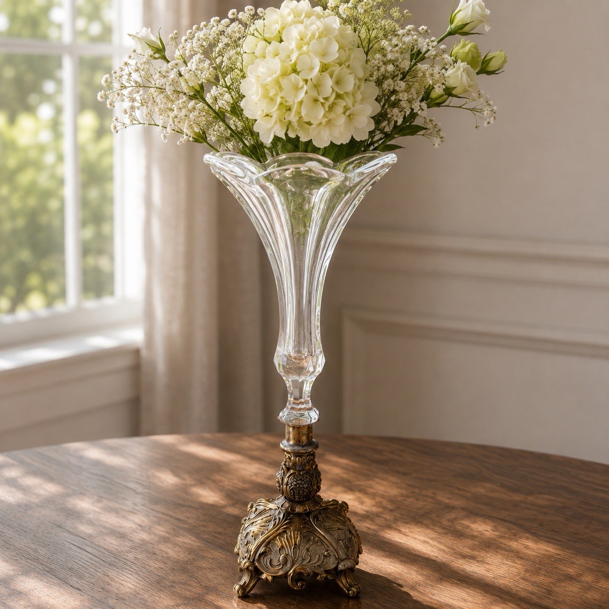 Antique Victorian Style Trumpet Glass Vase With Spelter Base Ornate Early 1900s