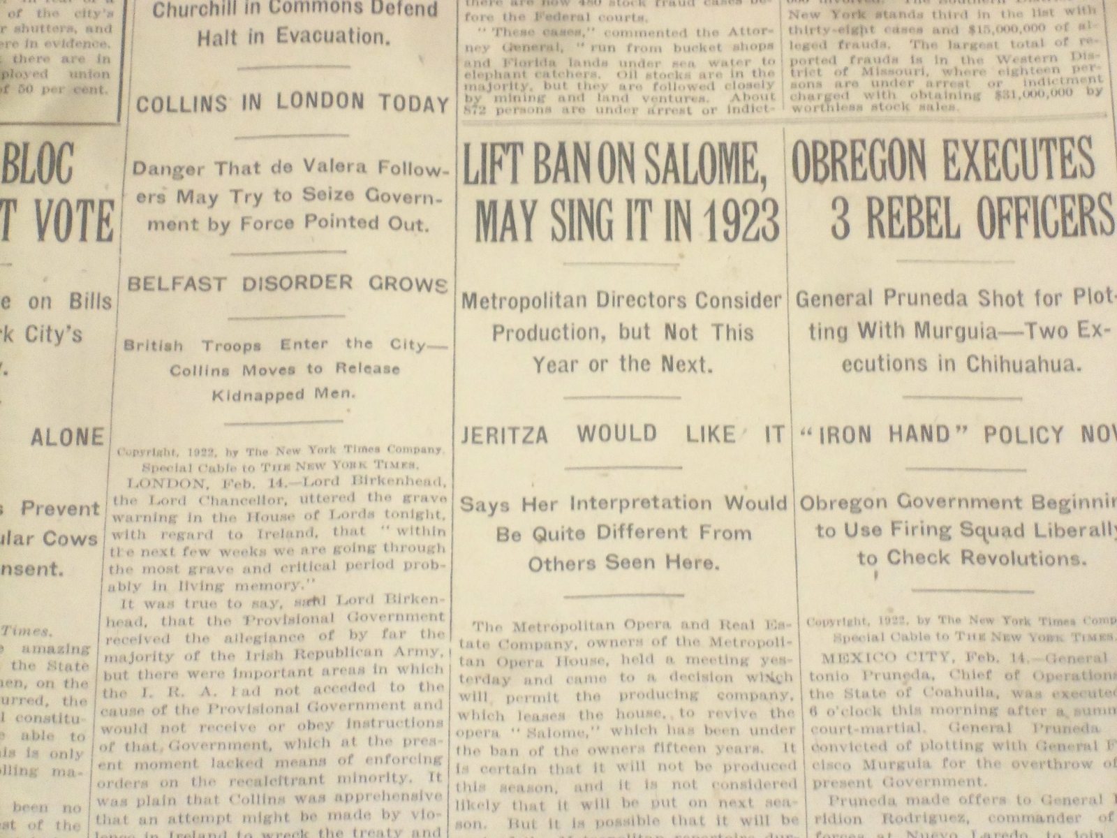 1922 FEBRUARY 15 NEW YORK TIMES - LIFT BAN ON SALOME, MAY SING IN 1923 - NT 9013