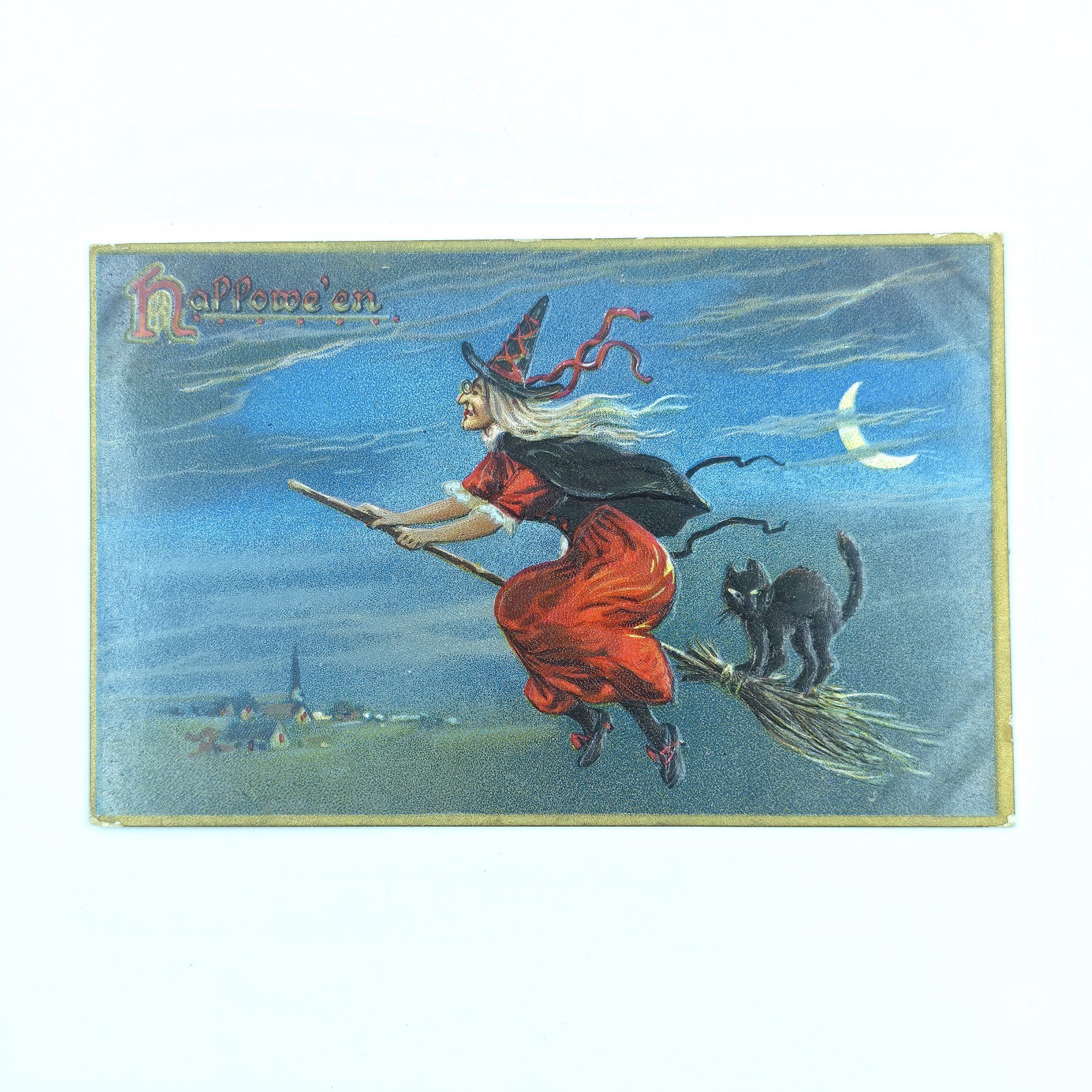 Antique 1908 Halloween Greeting Postcard • Raphael Tuck & Sons Witch Cat Tuck's