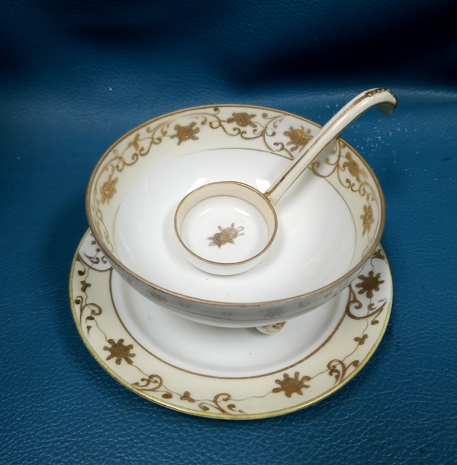 ANTQ Nippon Mayonnaise Bowl Ladle Plate Tray Set Gold Roses Porcelain 1891-1921