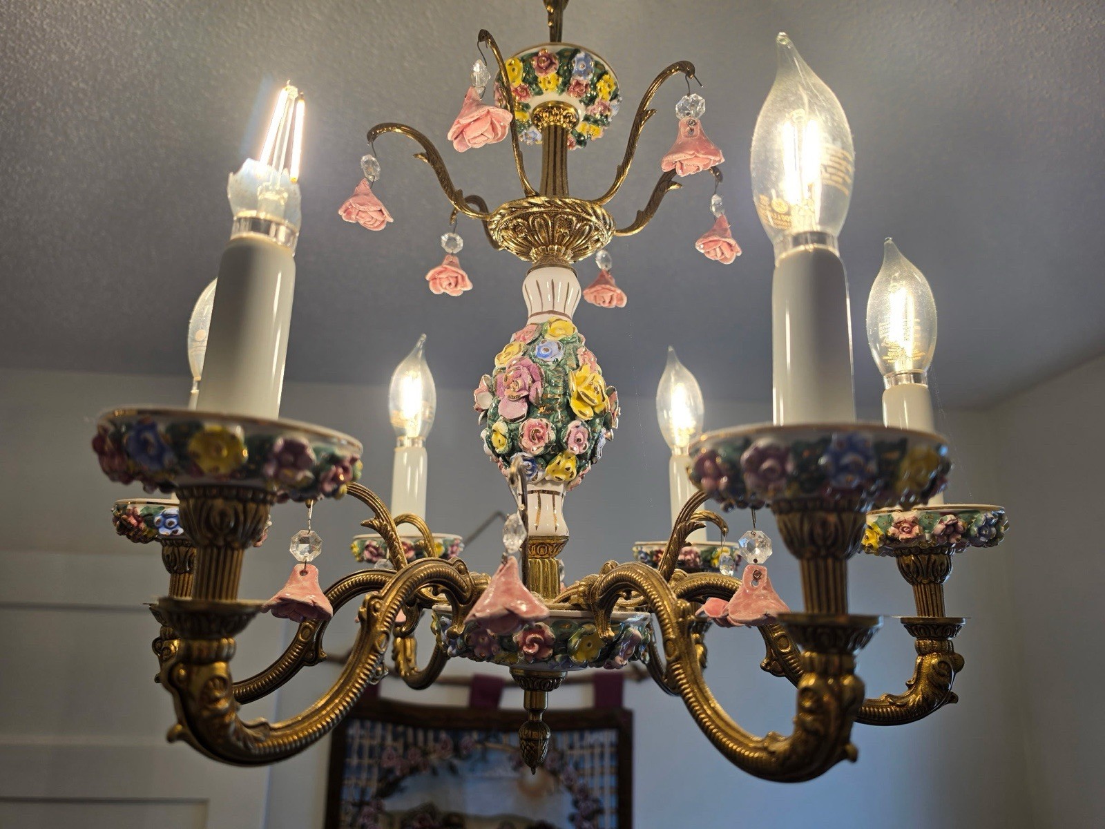 FAB Vintage Italian Porcelain Capodimonte Rose Floral Brass 5 Light Chandelier