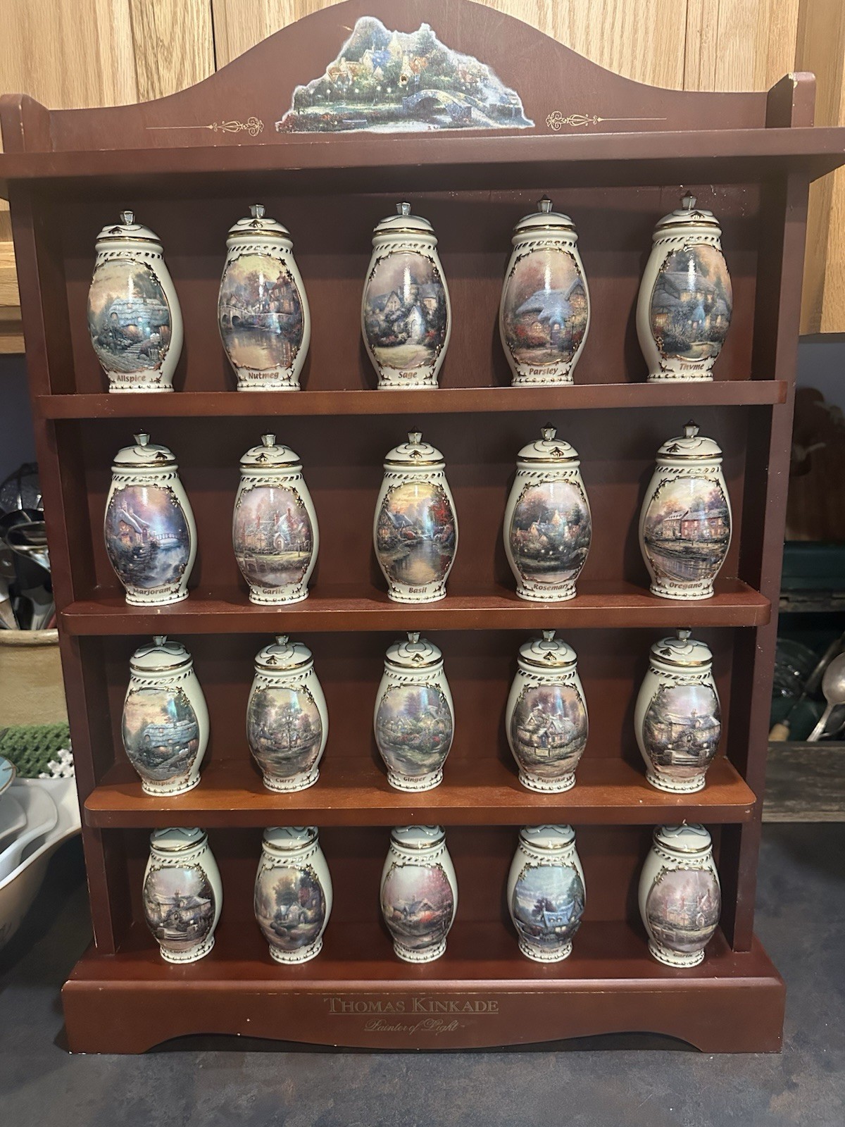 Thomas Kinkade Spice of Life Porcelain & Wood Spice Jar Rack Set, 4-Shelf
