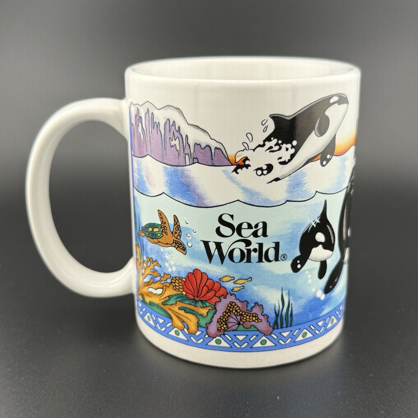 VTG 90s Sea World Coffee Mug With Orca Pod Sea Turtle Coral Reef Iceberg 1995