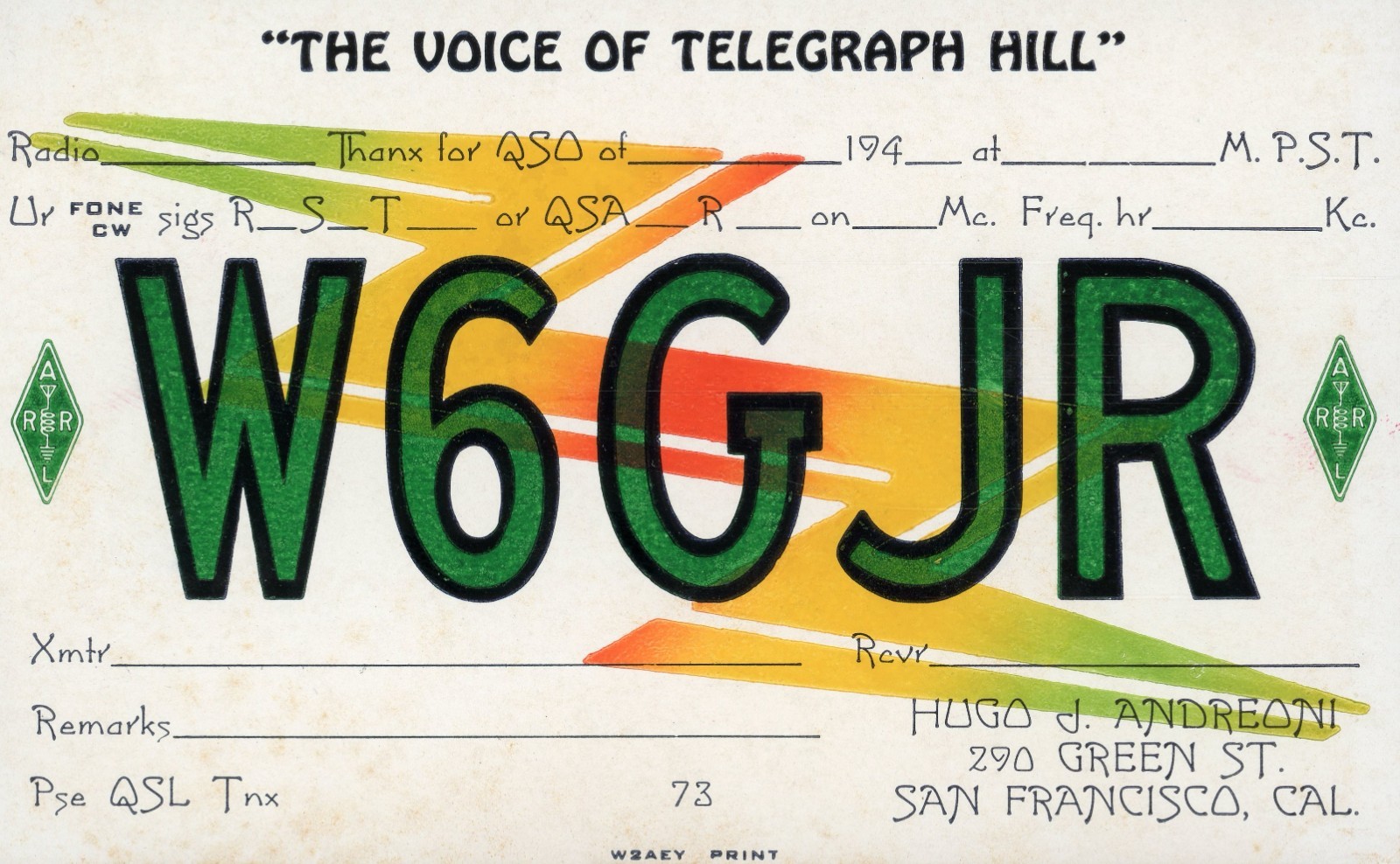 Vintage Amateur Radio QSL Printer\'s Sample, 1940\'s, W6GJR, San Francisco, CA Vintage Amateur Radio QSL Printer\'s Sample, 1940\'s, W6GJR, San Francisco, CA