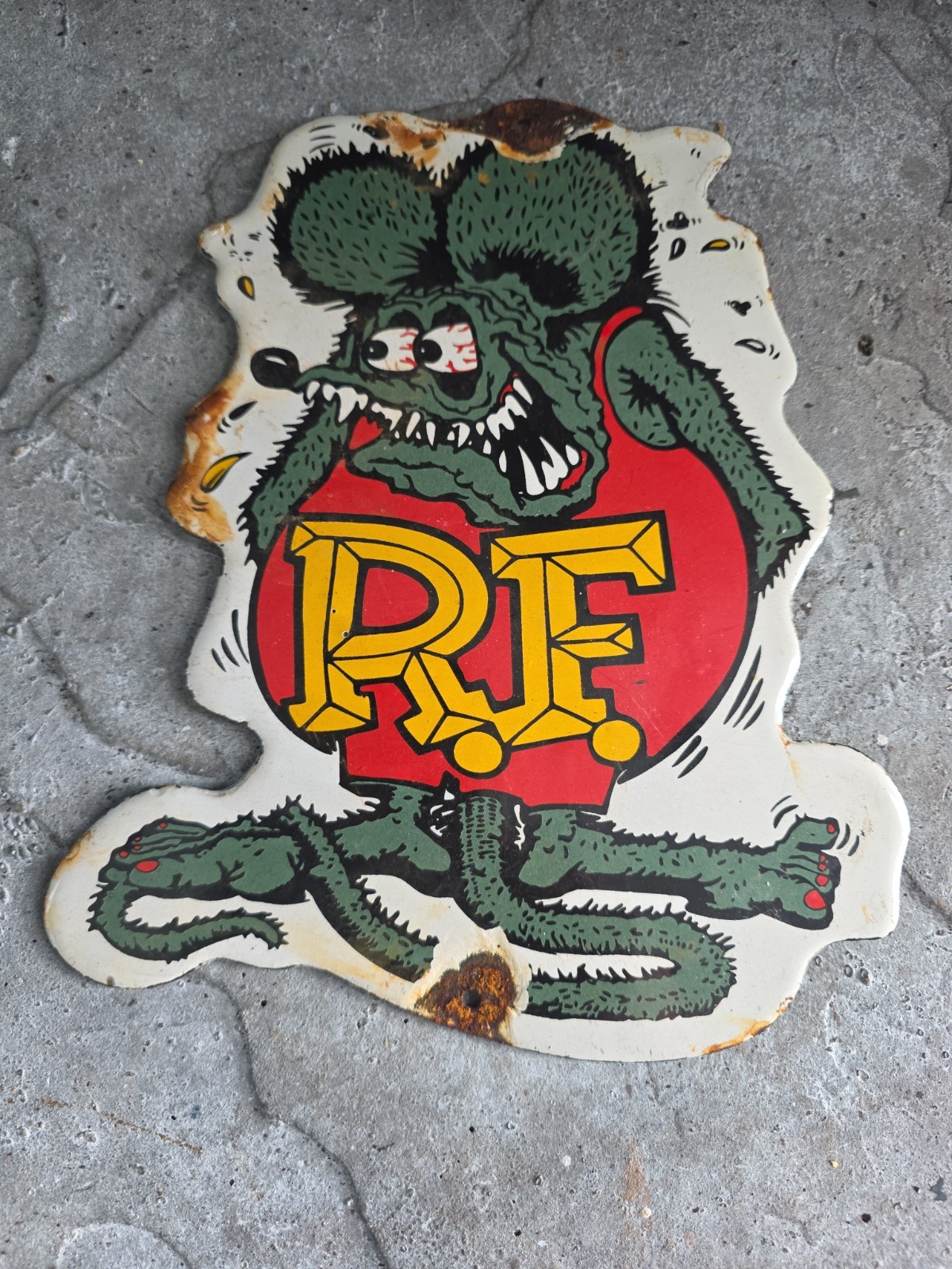 VINTAGE RAT FINK PORCELAIN SIGN HOT ROD GAS ENGINE RACE CAR AUTO APPX  10