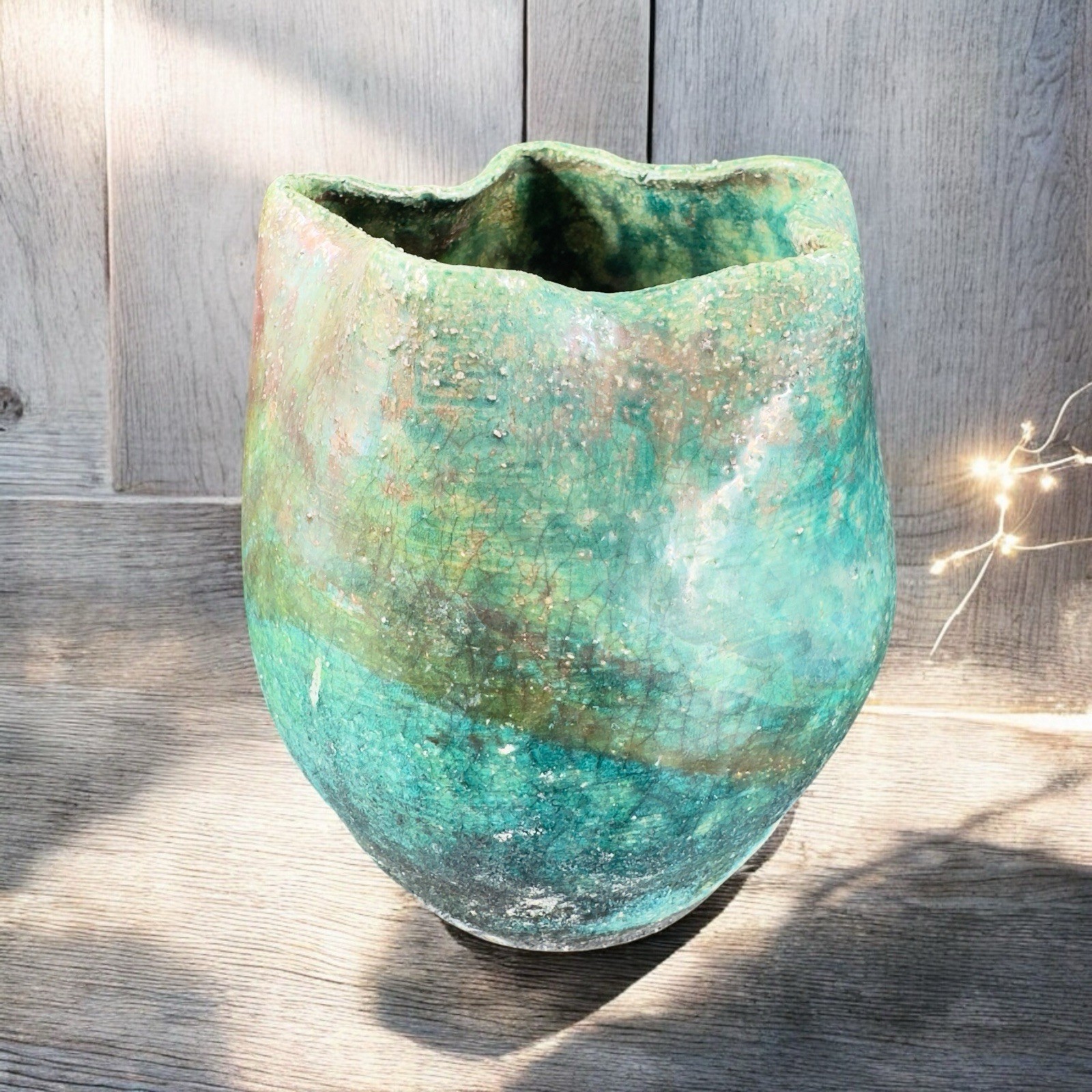 Vintage Raku Studio Art Pottery Vase Bowl Wavy Star Top Green Shiny Glaze Signed