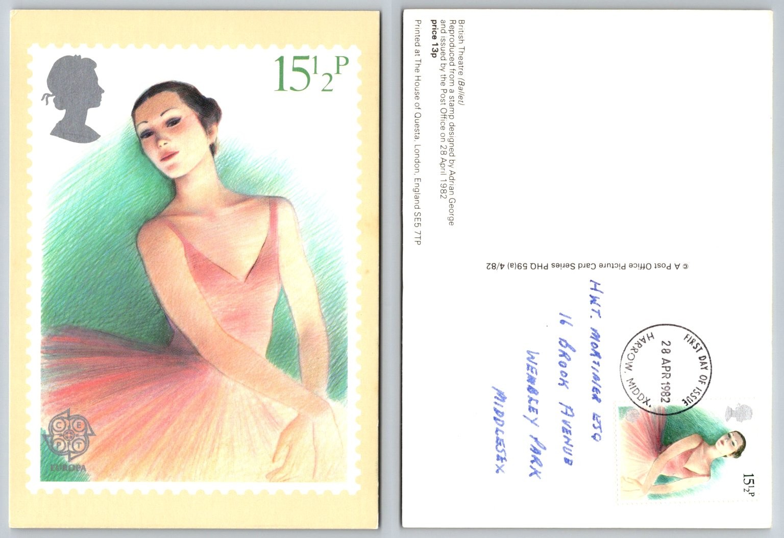 1982 British Theatre Ballet Ballerina Stamp Art Postcard First Day Issue UK 1982 British Theatre Ballet Ballerina Stamp Art Postcard First Day Issue UK