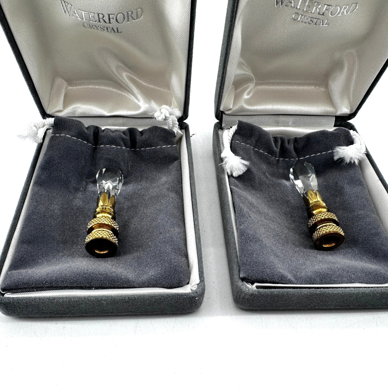 Waterford Crystal Lamp Finials Pair (2) Brass Faceted Crystal Original Boxes