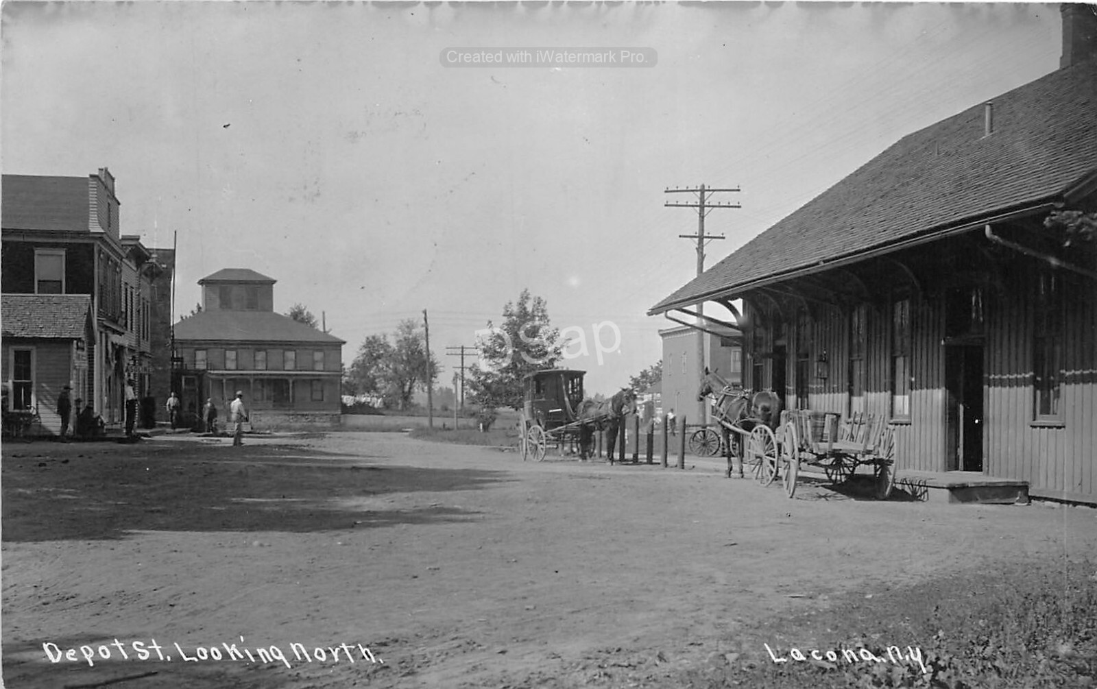 J48/ Lacona New York RPPC Postcard c1910 Buggy Railroad Depot Street 1 J48/ Lacona New York RPPC Postcard c1910 Buggy Railroad Depot Street 1