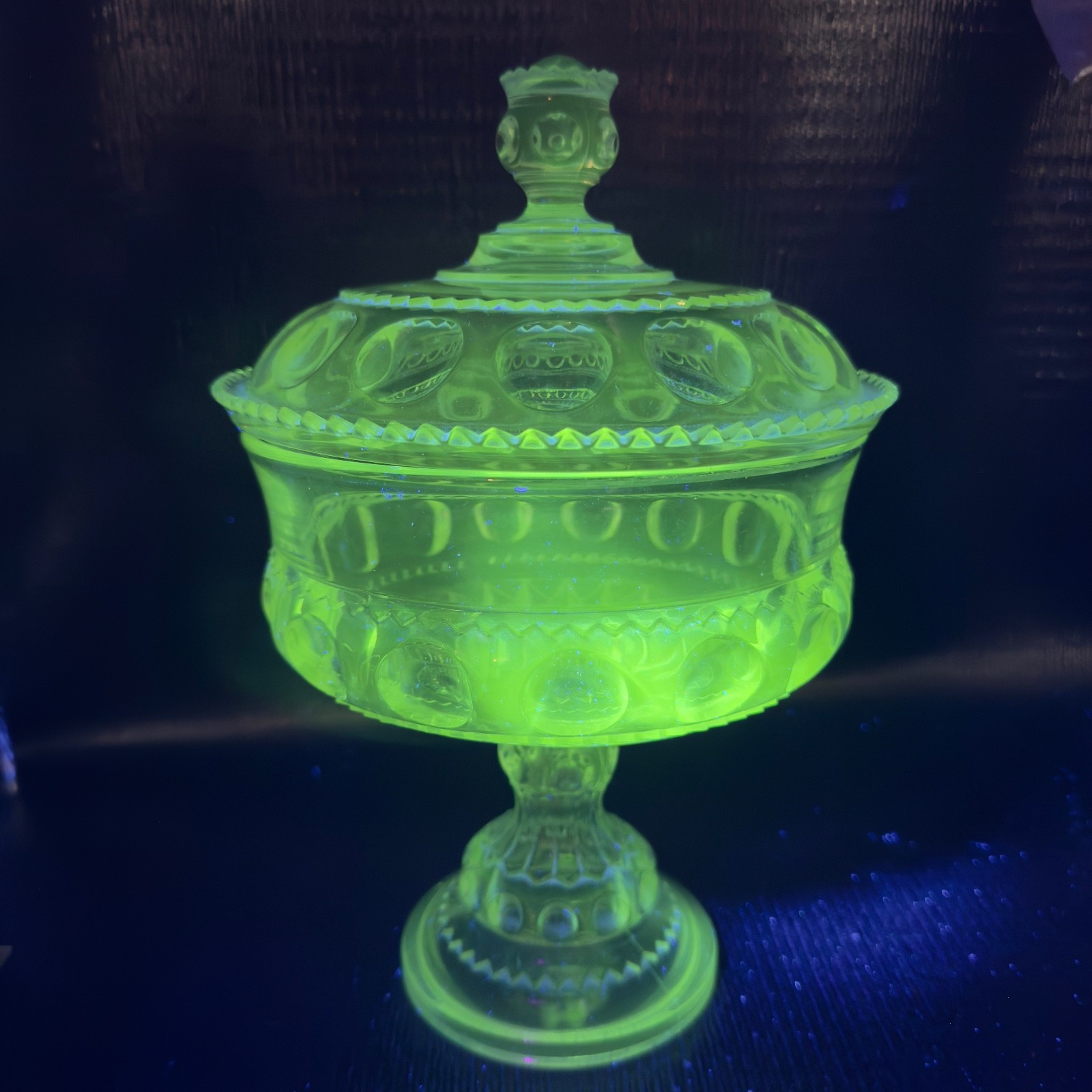 EAPG Kings Crown Covered Compote Adams Thumbprint Clear Manganese 365nm UV Large EAPG Kings Crown Covered Compote Adams Thumbprint Clear Manganese 365nm UV Large