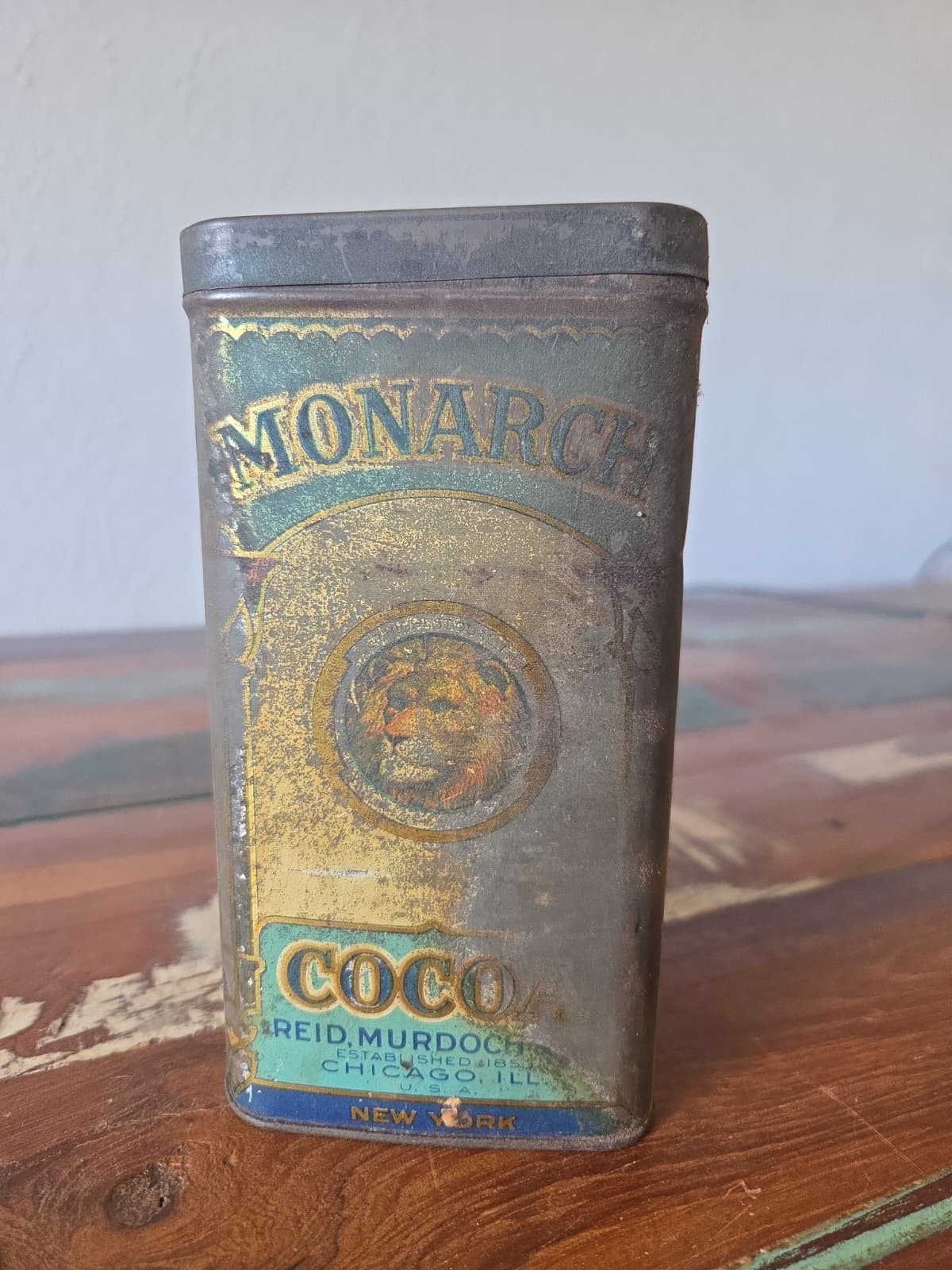 Antique 1920s Monarch Breakfast Cocoa Tin 16 oz Lion Reid Murdoch Chicago Empty