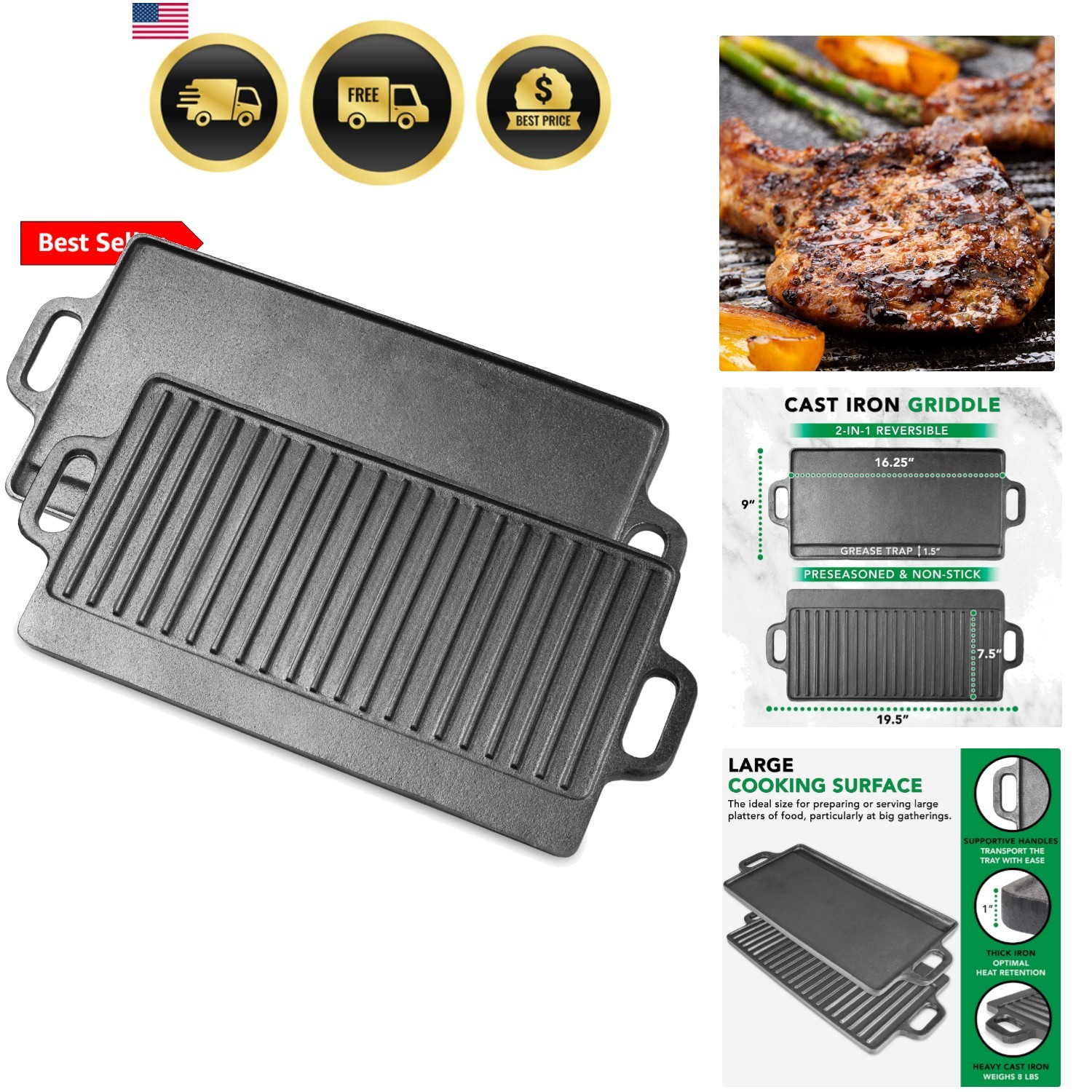 2-in-1 Reversible 19.5” x 9” Cast Iron Griddle with Handles, Preseasoned & No... 2-in-1 Reversible 19.5” x 9” Cast Iron Griddle with Handles, Preseasoned & No...