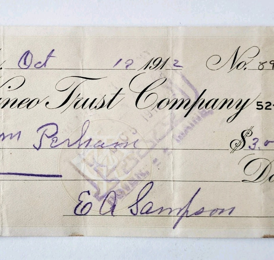 1912 Kineo Trust Company Bank Check E.A. Sampson Dover Maine Signed 897 CHX2