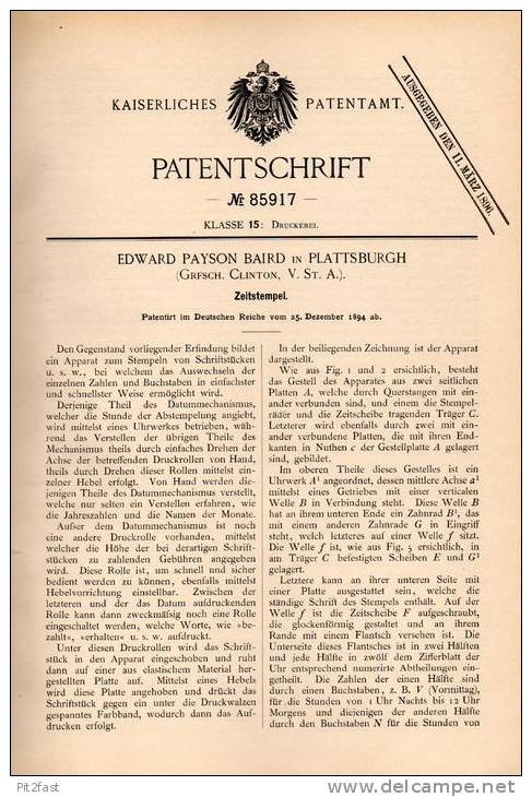 Original patent specification - E. Baird in Plattsburgh, Clinton, 1894, time stamp, Original patent specification - E. Baird in Plattsburgh, Clinton, 1894, time stamp,