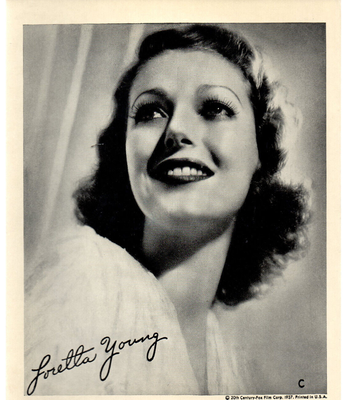 Loretta Young Portrait 8x10 facsimile autograph 20th Century Fox 1937 USA Great