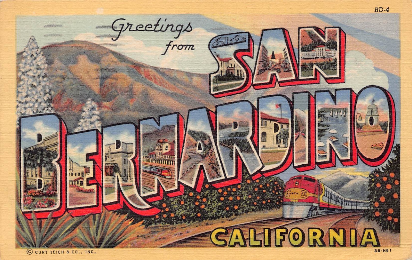 1948 San Bernardino California Greetings From Large Letter 3B-H61 Linen Postcard