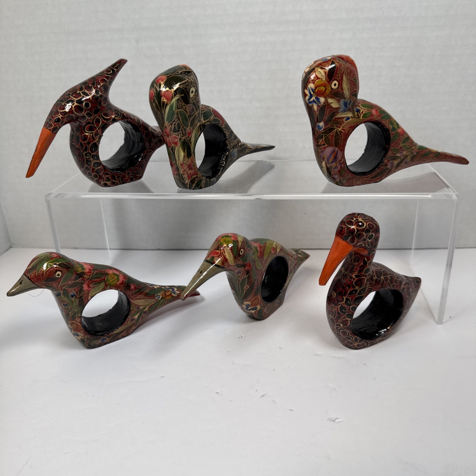 Handpainted Lacquer Folk Art Birds Set Of Six. Napkin Rings. Pretty 🦜