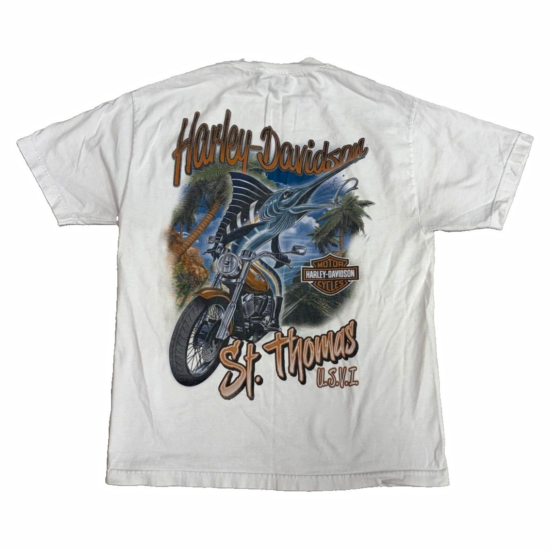 Vintage 2000s Harley Davidson T Shirt Men’s Large White St Thomas USVI Swordfish