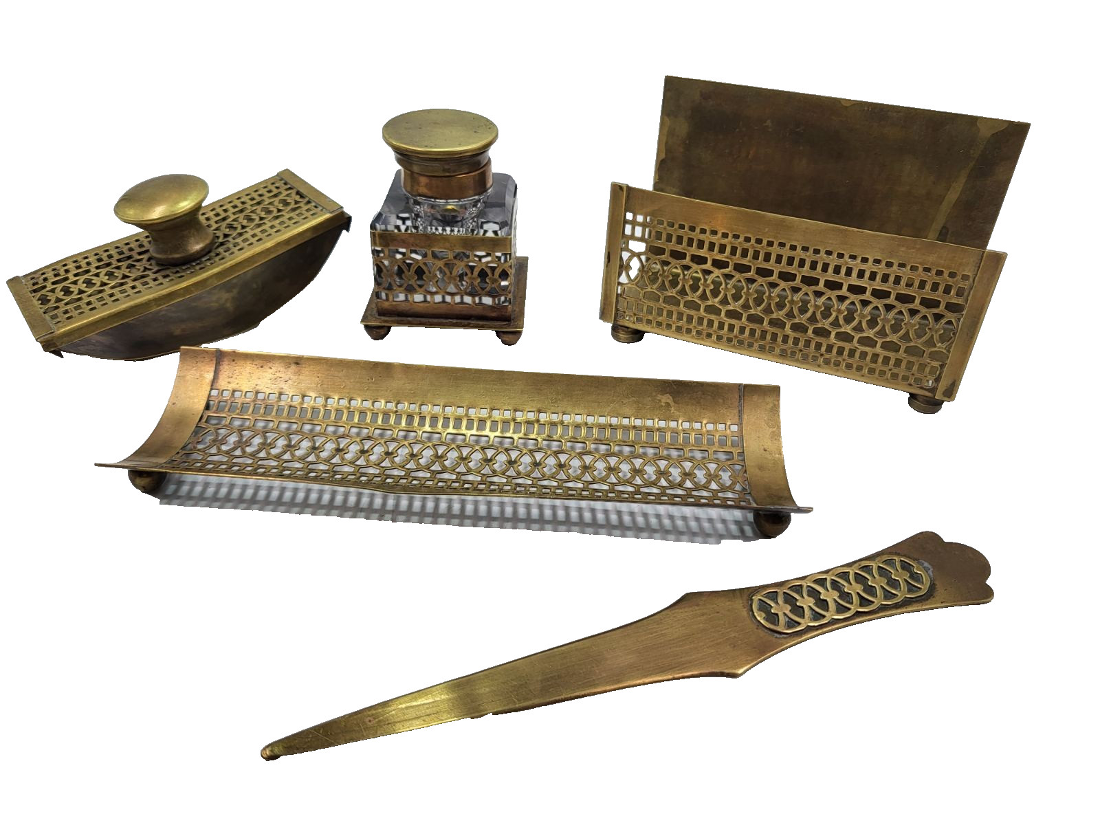 Antique S.W. Farber New York Brass 5-Pc Desk Set Crystal Inkwell Letter Opener