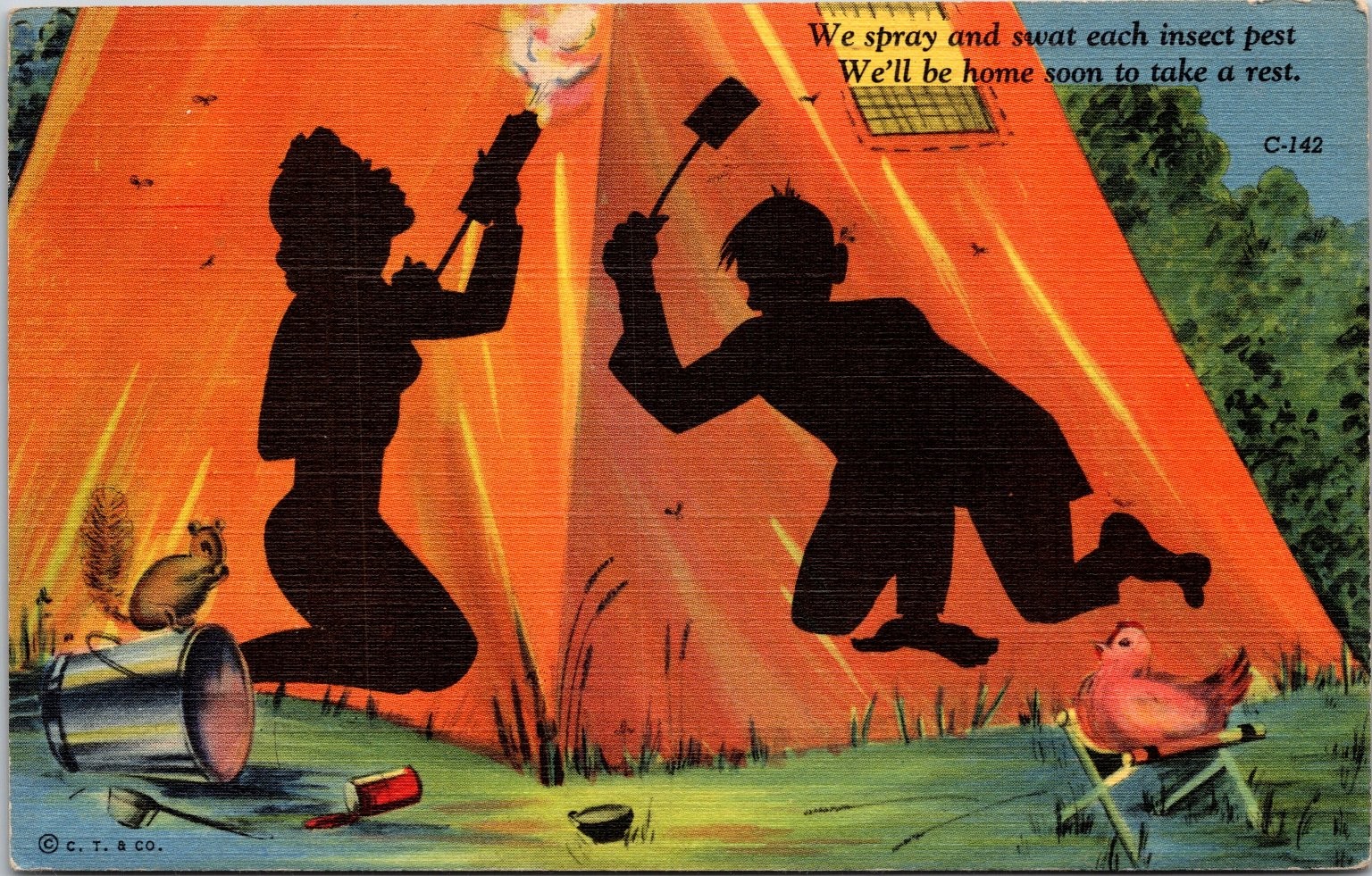 Vintage C.T. Shadow Comics Camping Pest Control Humorous Postcard Vintage C.T. Shadow Comics Camping Pest Control Humorous Postcard