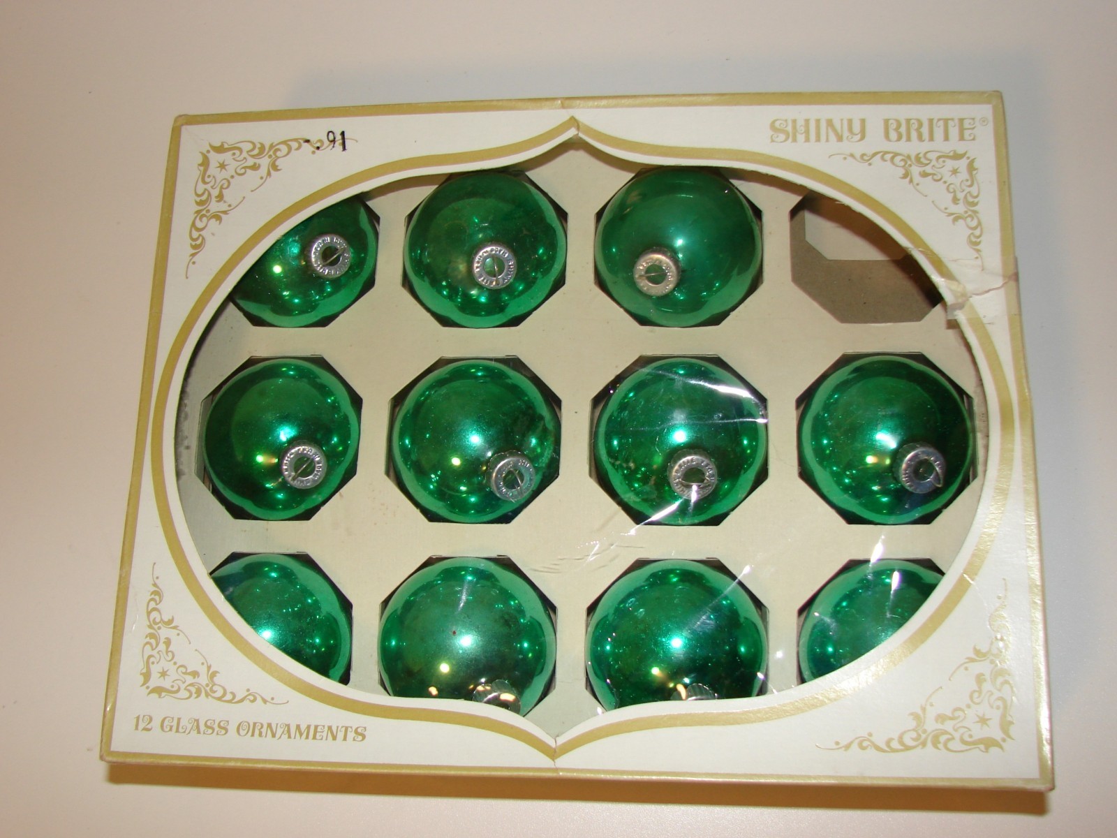 Lot: 11 Vintage Shiny Brite Green Mercury Glass Ornaments + Box - Made in USA