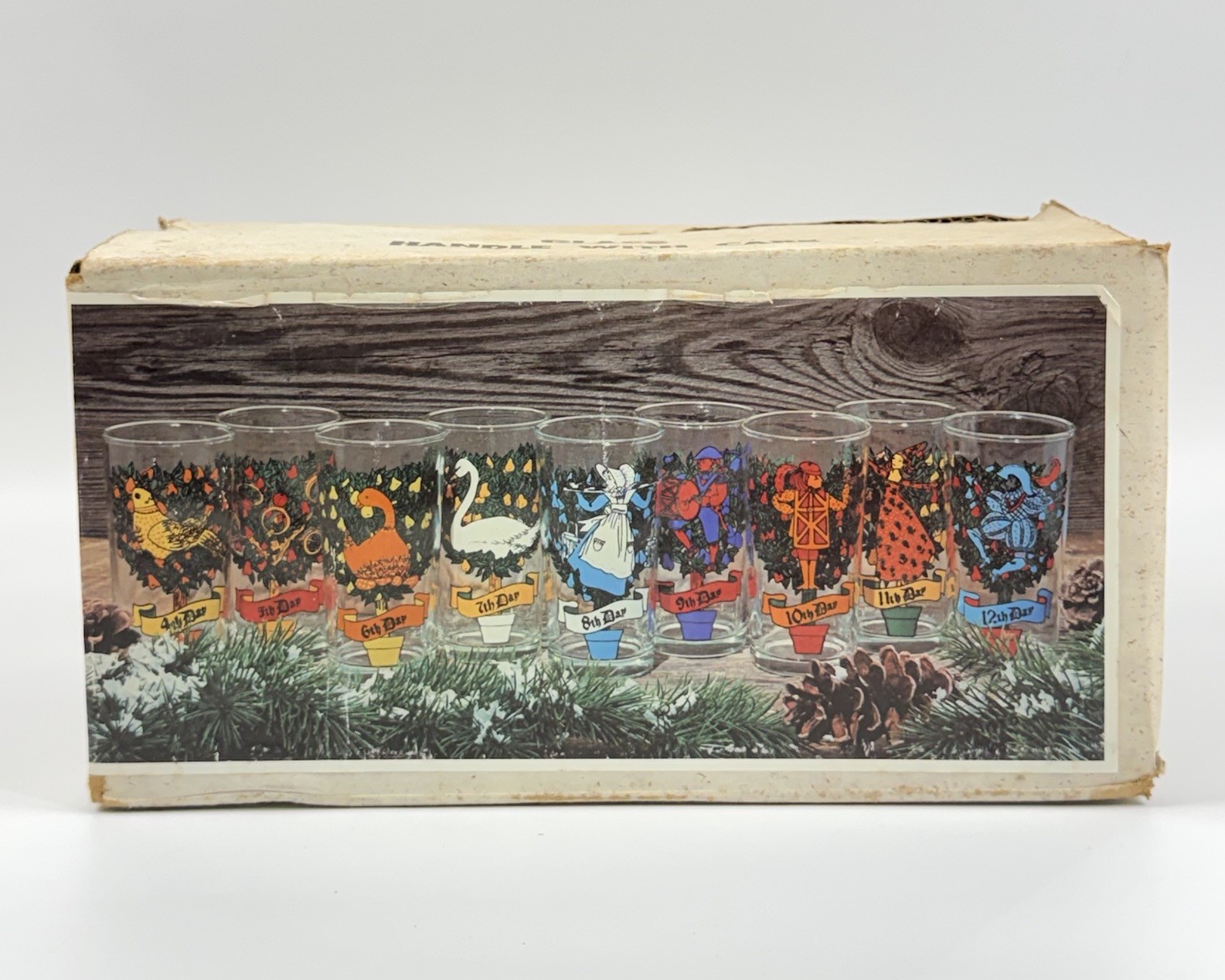 VTG Indiana Glass Twelve Days of Christmas Tumbler Glasses - Complete Set in Box