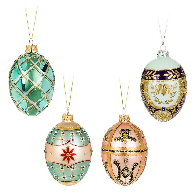 Large Ornate Egg Ornaments Set of 4 Glass Gold Glitter 9 cm High Gorgeous Decor