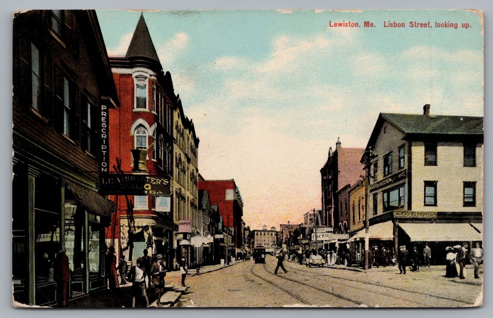 Lisbon Street Trolley Car Storefronts Pedestrians Lewiston ME DB Postcard TS-195