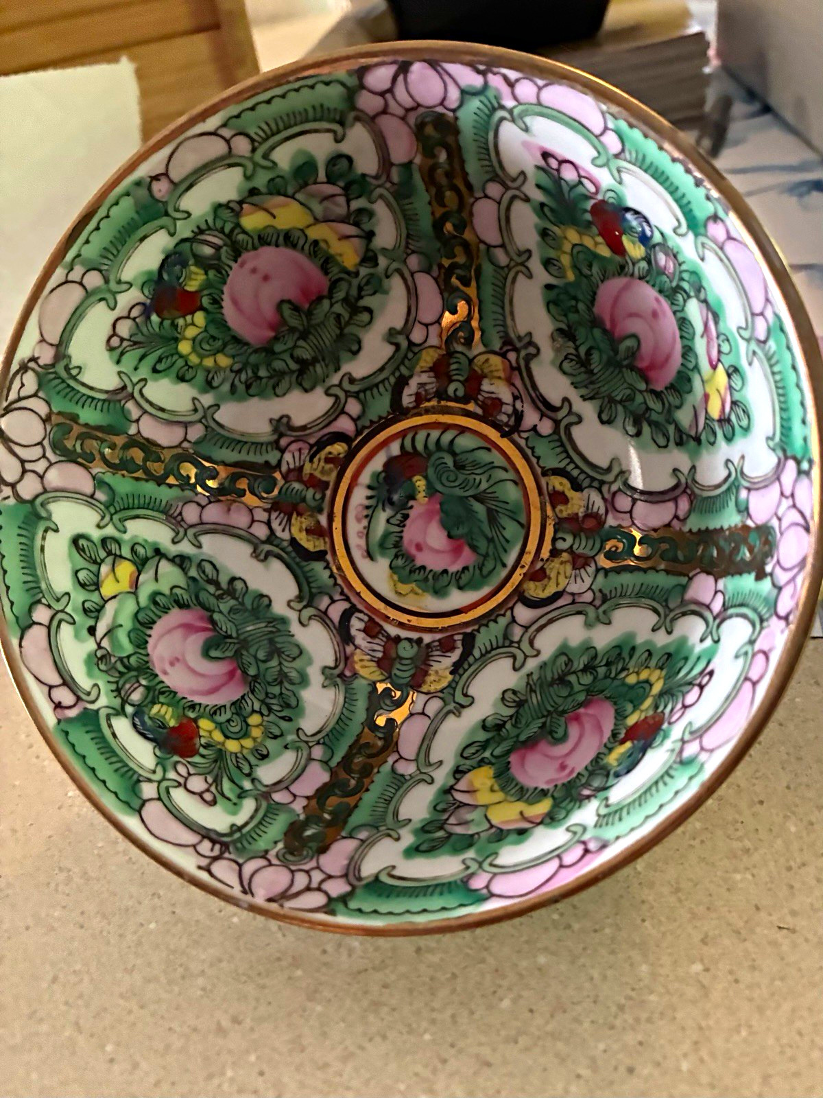 Chinese Floral Porcelain Bowl/Plate Pink Flowers with Green Accents