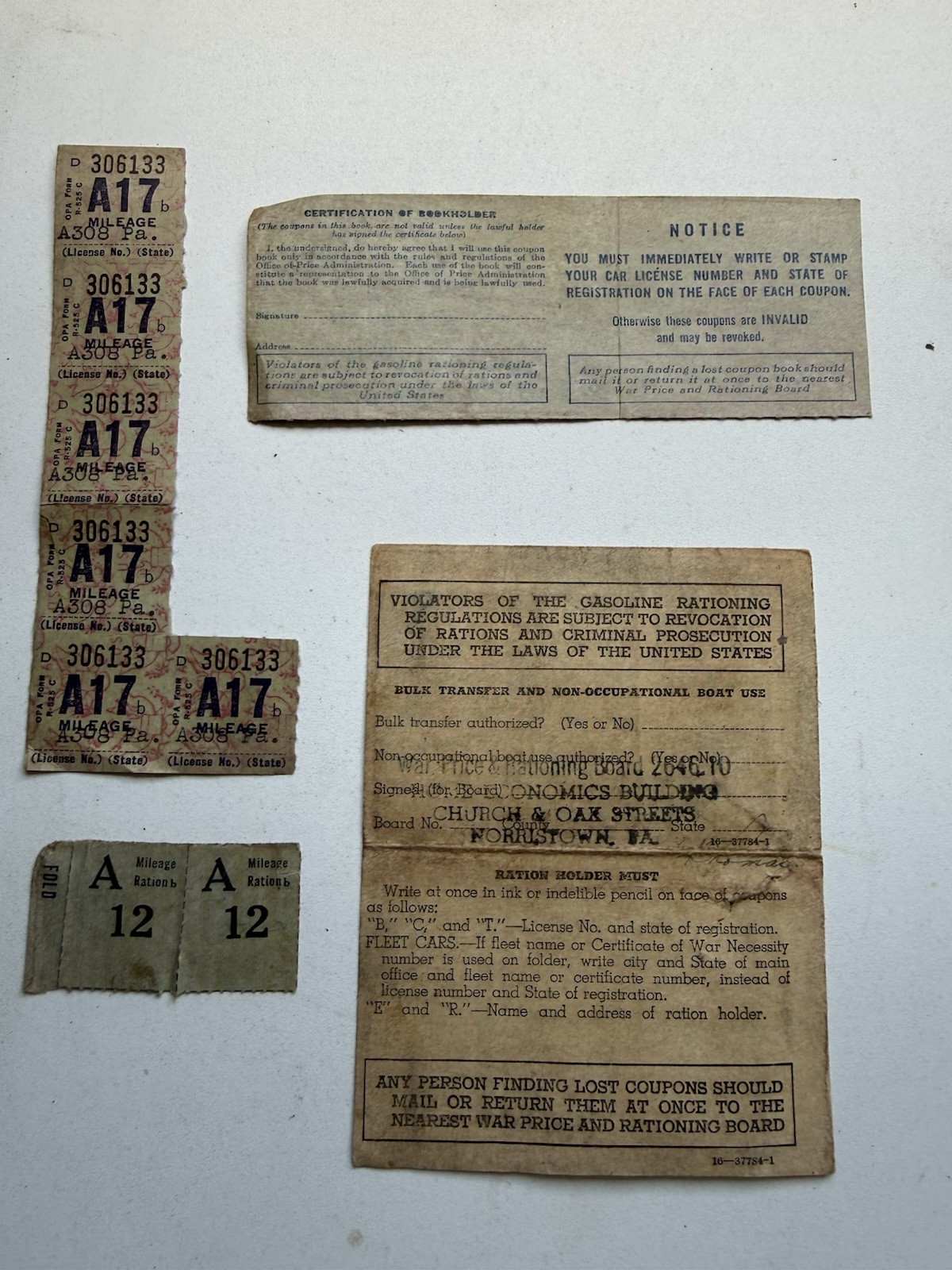 WWII OPA Gasoline Ration Coupons A17 A12 Mileage Folder 1940s Original Lot