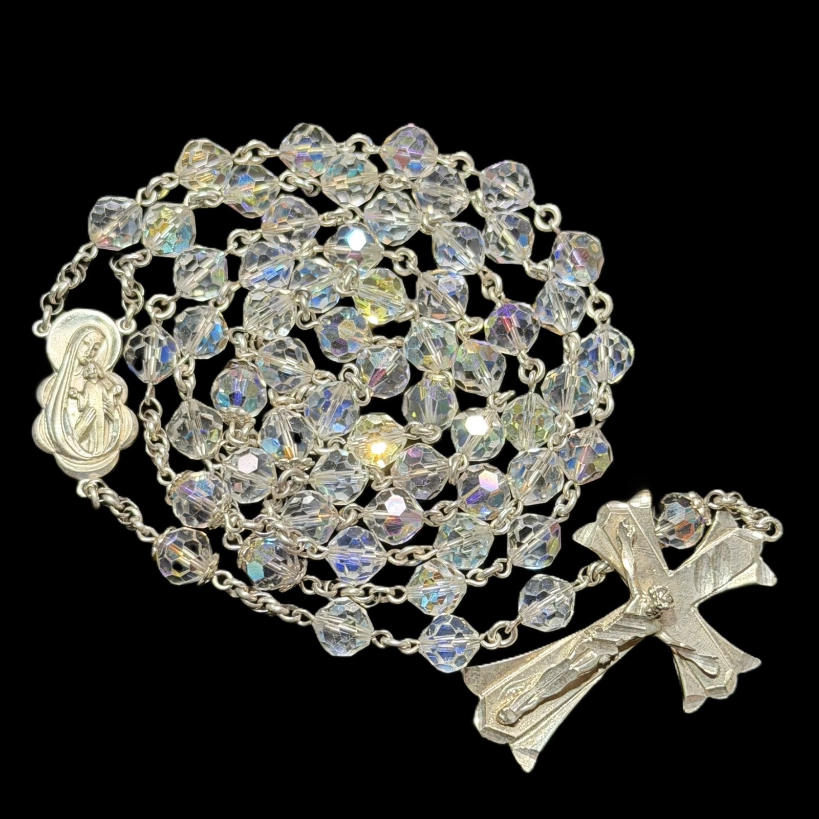 Vintage Aurora Borealis Crystal & Sterling Silver Catholic Rosary 24\