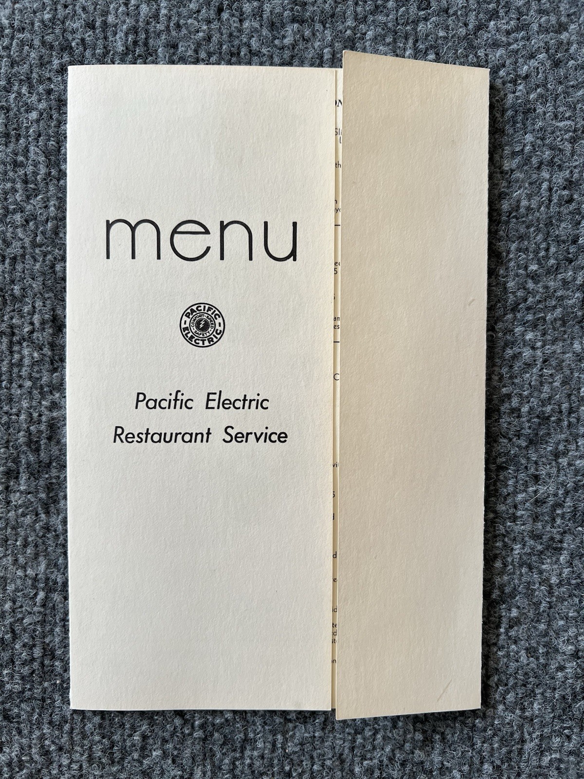 Pacific Electric Railway VTG Restaurant Service Menu Los Angeles California